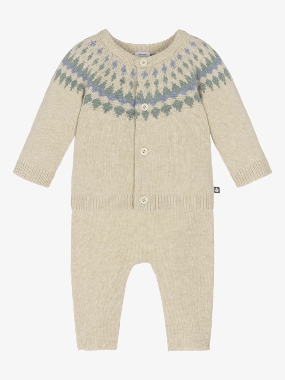 Petit Bateau Cream Knit One-Piece with Blue and Green Yoke 3 months